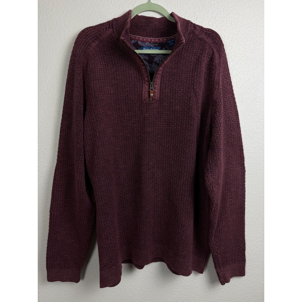 Tommy Bahama Mens XXL Burgundy Waffle Knit Quarter Zip Sweater Elbow Patches